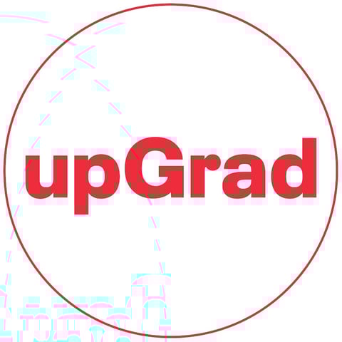 upGrad logo with red text inside a circular brown border, featuring light blue city skyline graphics in background
